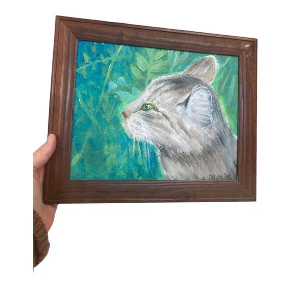 Vintage Hand Painted Original Grey Cat in Garden 11.5"x10" - Picture 3 of 5